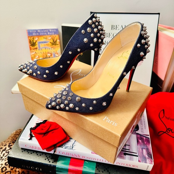 CHRISTIAN LOUBOUTIN Aimantaclou 100 Studded Denim Pumps - Picture 11 of 14